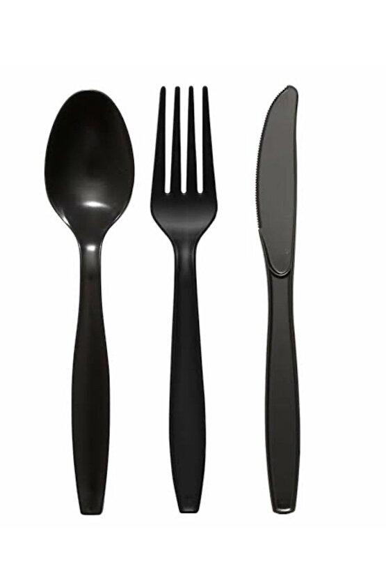Plastik Lüks Çatal-kaşık- Bıçak 3 Lü Siyah Siyah Set 100 Lü