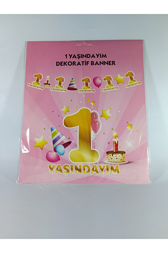 1 Yaşındayım Temalı Kız Çocuk Pembe Doğum Günü Kutlama Dekoratif Banner