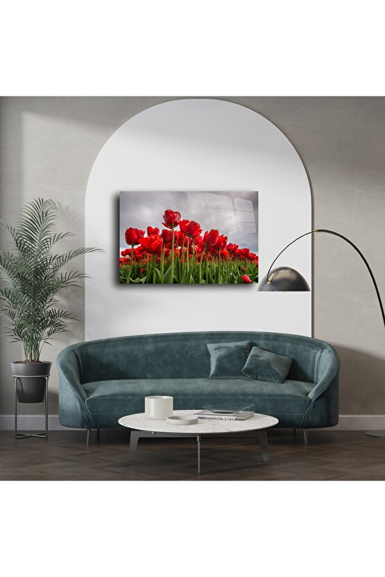 Kırmızı lale tarlası doğa manzaralı kanvas tablo