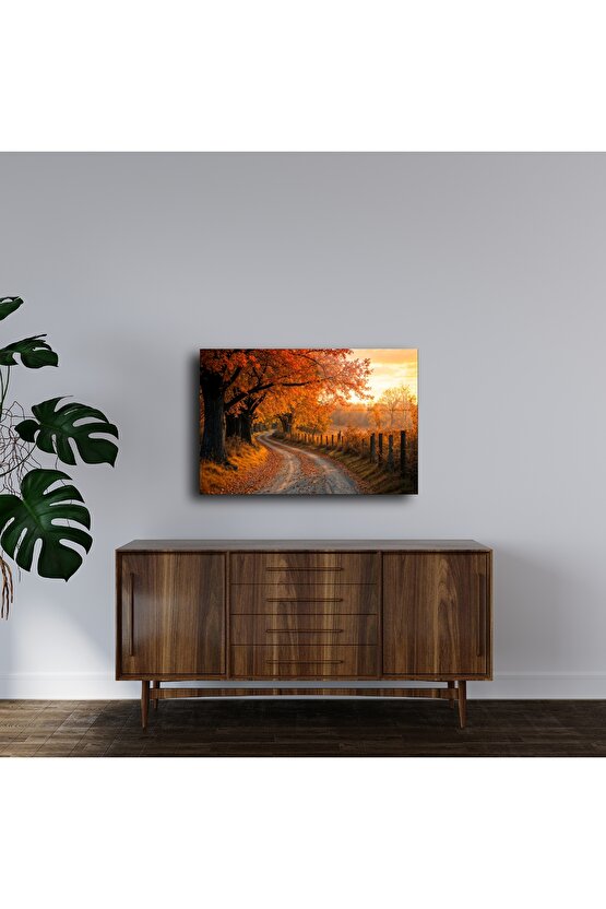Rustik Sonbahar Ağaçlı Yol Cam Tablo