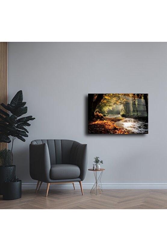 Cam Duvar Tablosu Sonbahar Nehir Manzarası