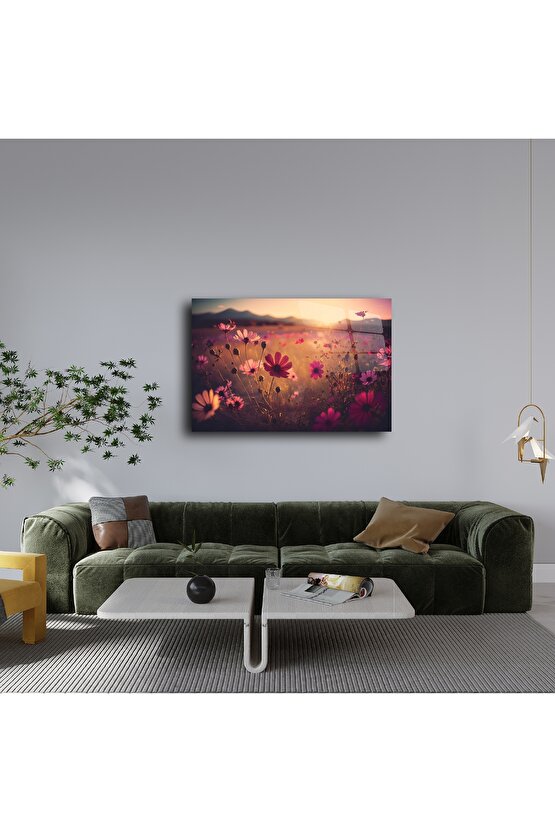 Altın Gün Batımı Çiçek Tarlası Cam Tablo
