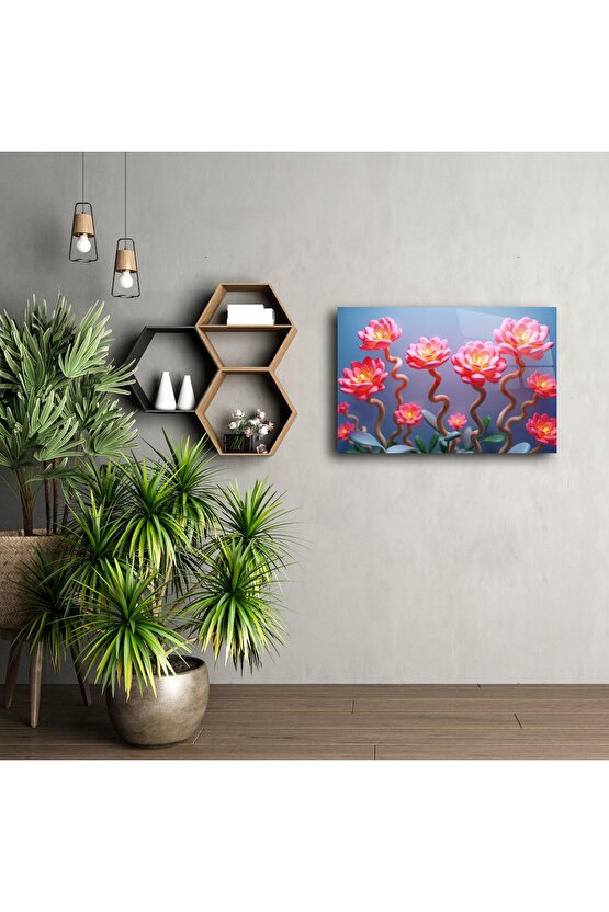 Pembe Lotus Çiçekli Cam Tablo