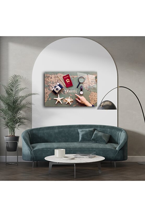 Vintage harita arka planlı seyahat temalı cam tablo