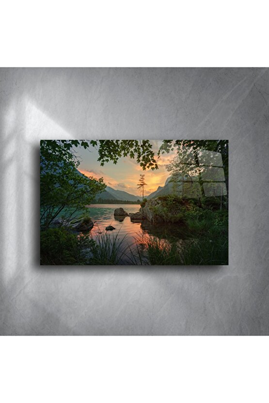 Cam Duvar Sanatı Gün Batımı Göl Manzarası