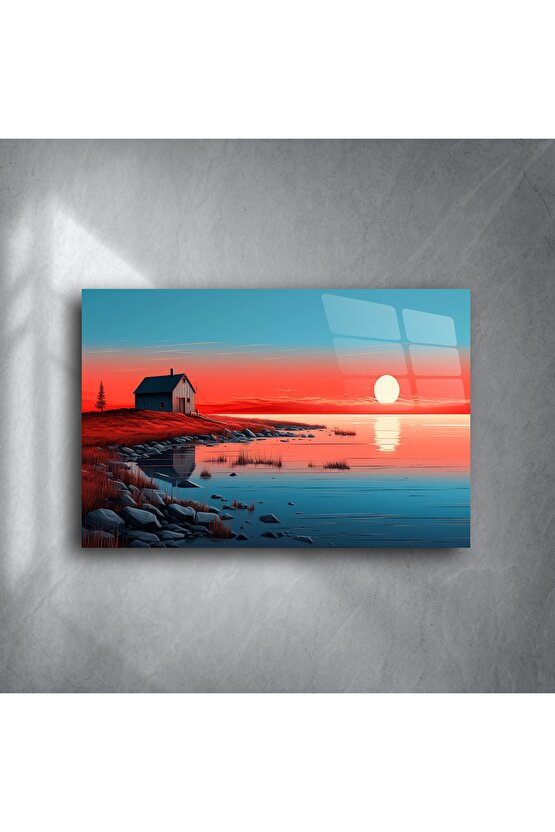 Gün Batımı Göl Evi Minimalist Duvar Sanatı