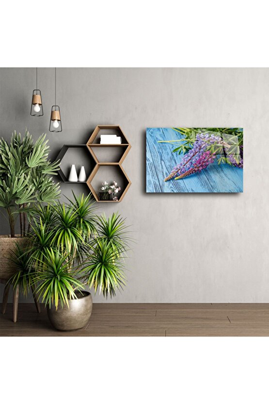 Cam Tablo Mor Mavi Lupin Çiçekleri