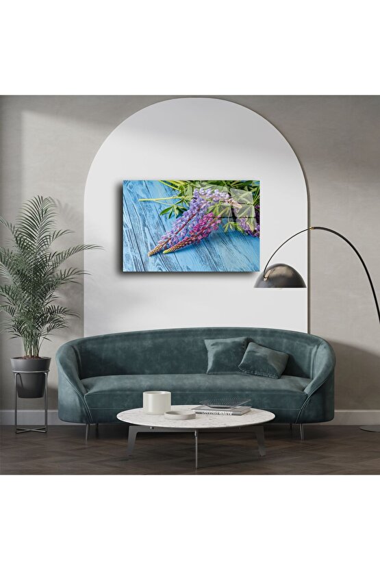 Cam Tablo Mor Mavi Lupin Çiçekleri