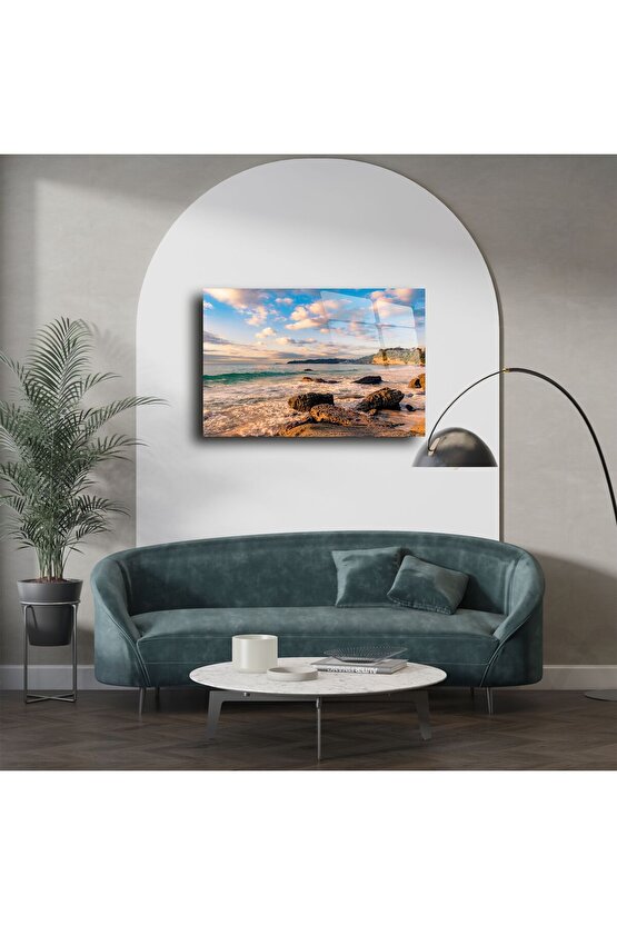 Serin Renkli Deniz Kıyısı Manzaralı Cam Tablo