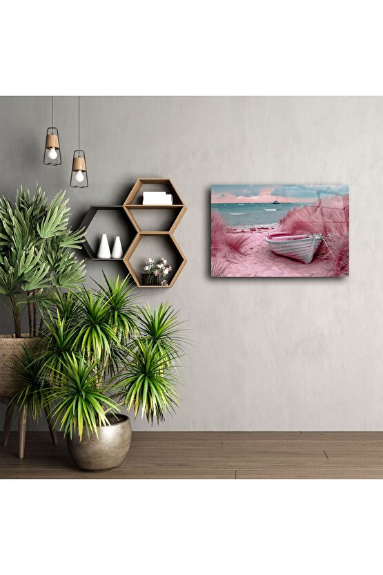 Pastel Sahil ve Tekne Cam Tablo