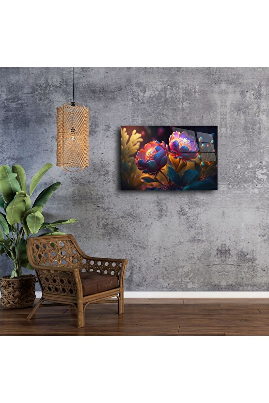 Premium Cam Tablo Renkli Çiçekler
