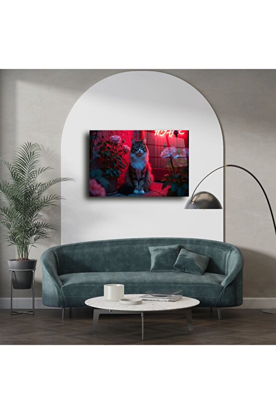 Neon Işıkta Güller Arasında Tüylü Kedi Cam Tablo
