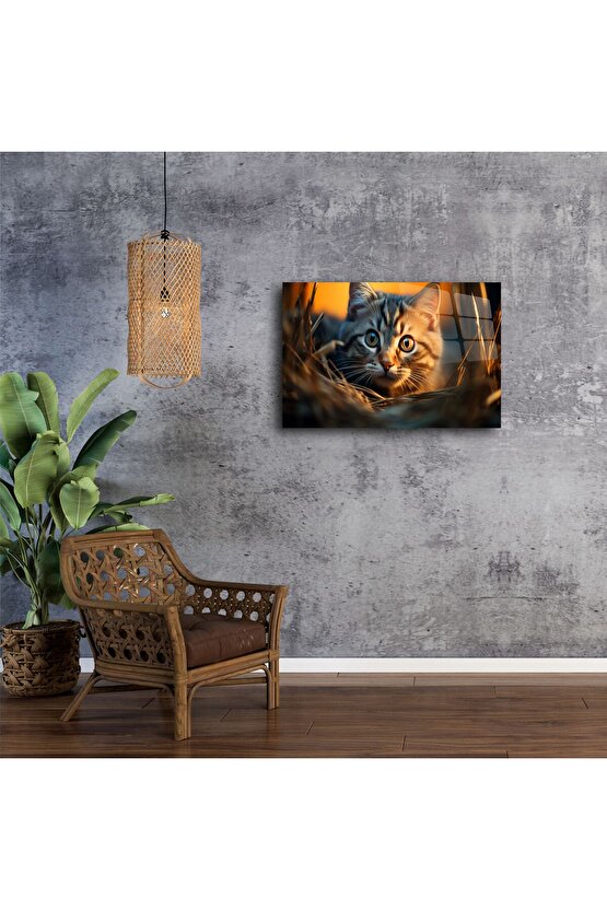 Yakın Plan Kedi Temalı Cam Tablo