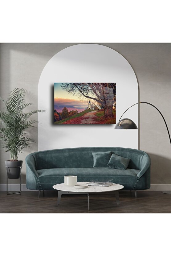 Kırsal Kilise ve Sonbahar Yolu Cam Tablo