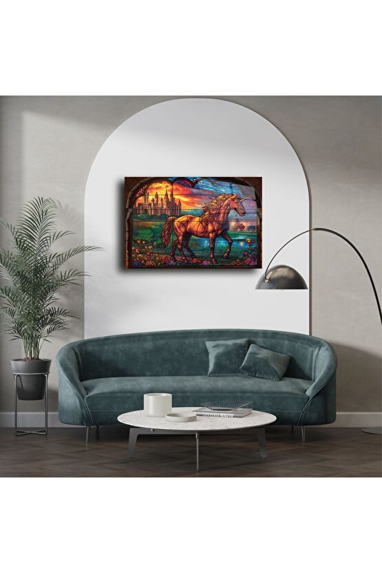 Tek Boynuzlu At ve Kale Cam Tablo