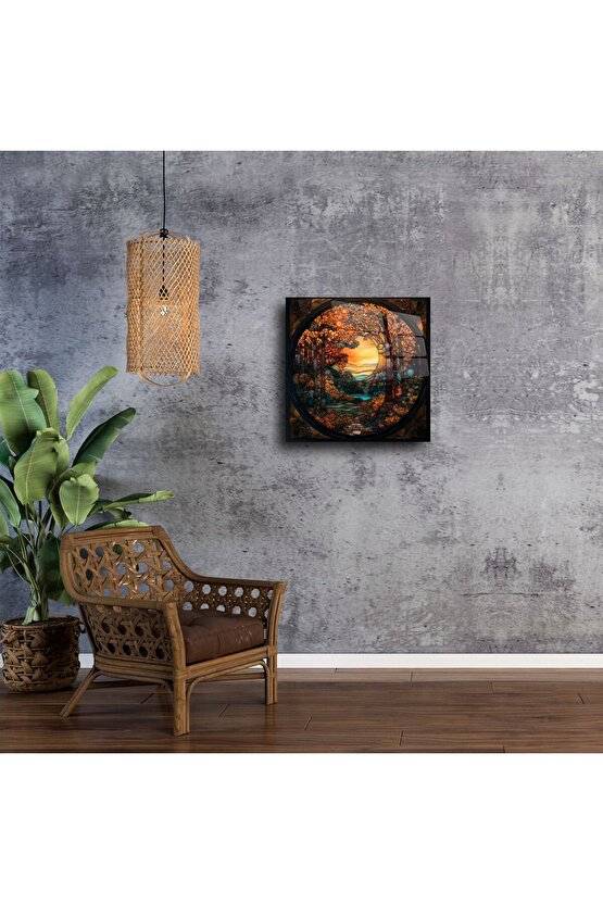 Sonbahar Ormanı Günbatımı Cam Tablo