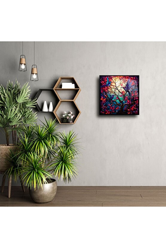 Hummingbird ve Kırmızı Yapraklı Lüks Vitray Tablo