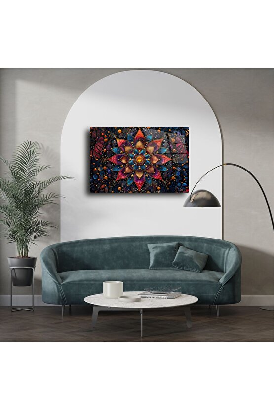 Mandala Desenli Renkli Cam Duvar Tablosu