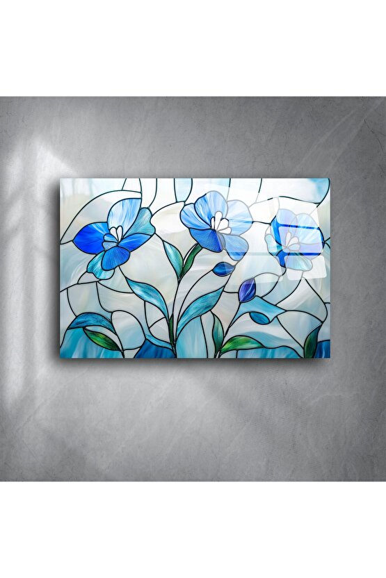 Mavi Çiçekli Cam Tablo