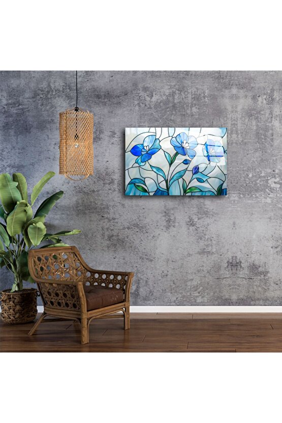 Mavi Çiçekli Cam Tablo