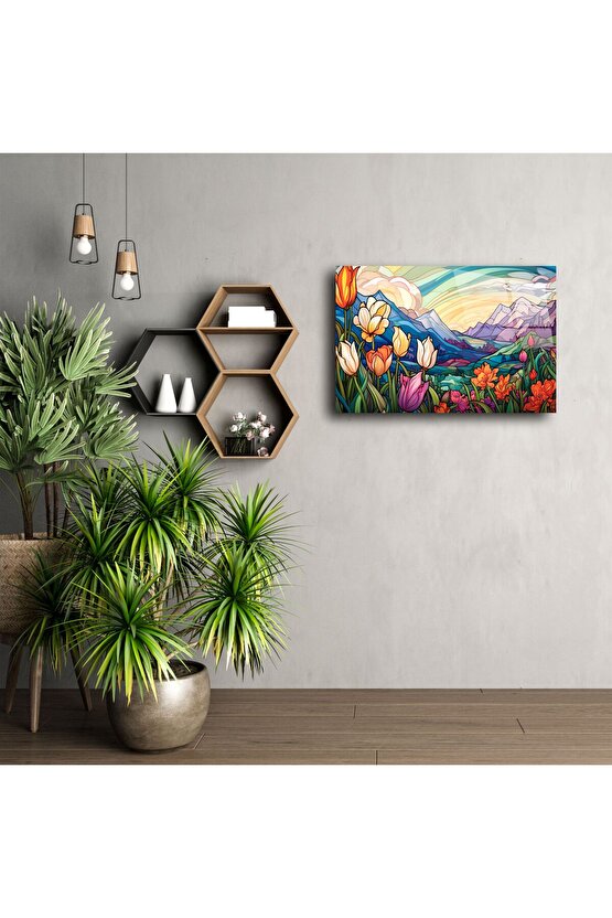 Dağ Manzaralı Lale Cam Tablo