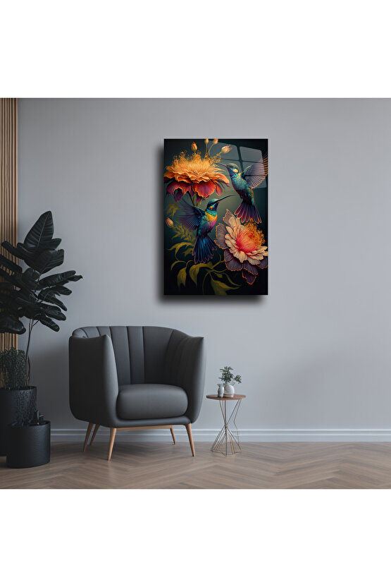 Sinek Kuşları ve Çiçekler Cam Tablo Duvar Dekoru