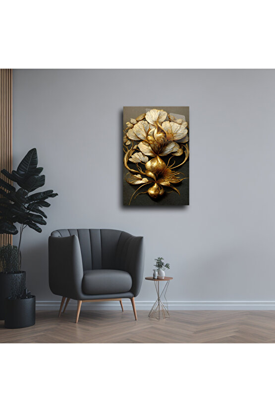 Altın Saksıda Beyaz Çiçekler Cam Tablo Duvar Dekoru