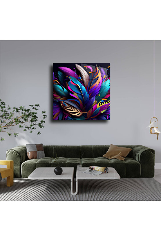 Mor Renk Tüyler ve Yapraklar Cam Tablo Duvar Dekoru