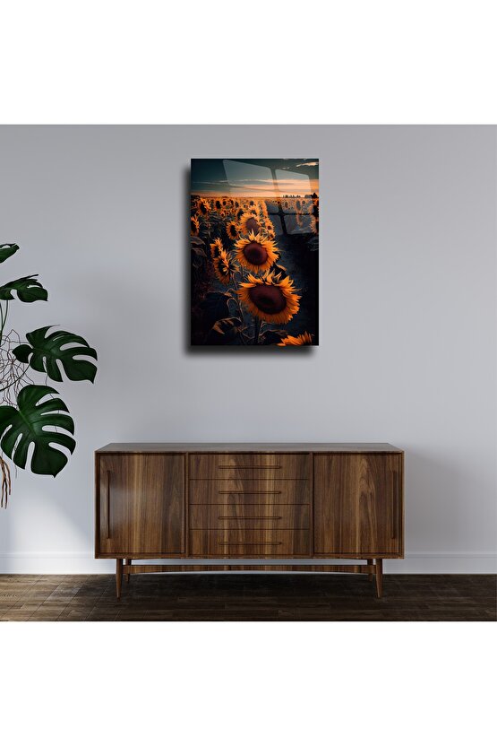 Ay Çiçek Temalı Cam Tablo Duvar Dekoru