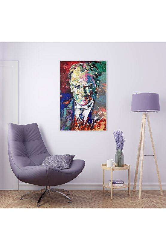 Sulu Boya Efektli Atatürk Cam Tablo Duvar Dekoru