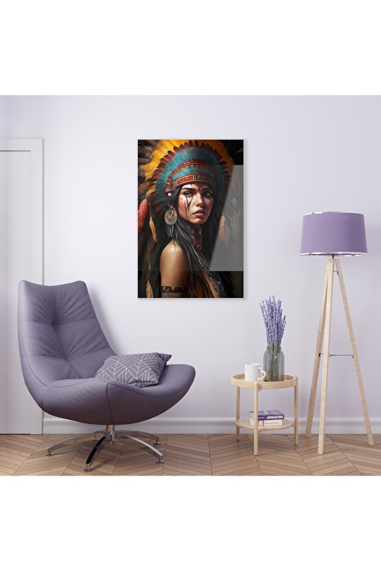 Kızılderili Kız Cam Tablo Duvar Dekoru