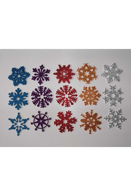 5 Farklı Renkte Kar Tanesi Simli Eva Ağaç Ve Hediye Süsü 8x8cm 15 Li