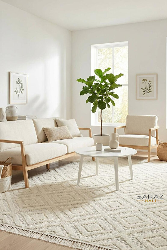 Dizayn Kaymaz Taban Koridor Halısı Kesme Yolluk Mutfak Halısı Modern Salon Halısı 1089 KREM