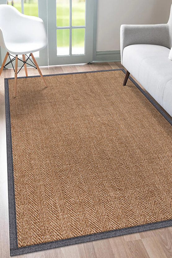 0503-Gri Kumaş Bordür Sisal Halı Kilim Hav Toz Vermez Kolay Temizlenen Hasır Kilim