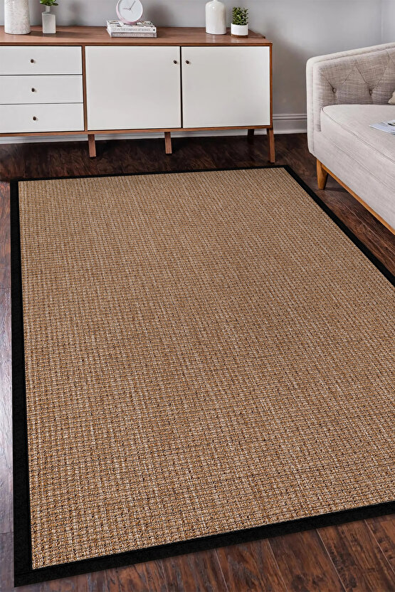 0465-Siyah Kumaş Bordür Sisal Jut Halı Kilim Hav Toz Vermez Kolay Temizlenen Hasır Kilim