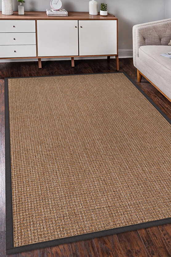 0465-Antrasit Kumaş Bordür Sisal Jut Halı Kilim Hav Toz Vermez Kolay Temizlenen Hasır Kilim