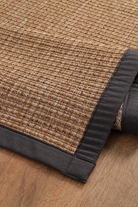 0465-Antrasit Kumaş Bordür Sisal Jut Halı Kilim Hav Toz Vermez Kolay Temizlenen Hasır Kilim