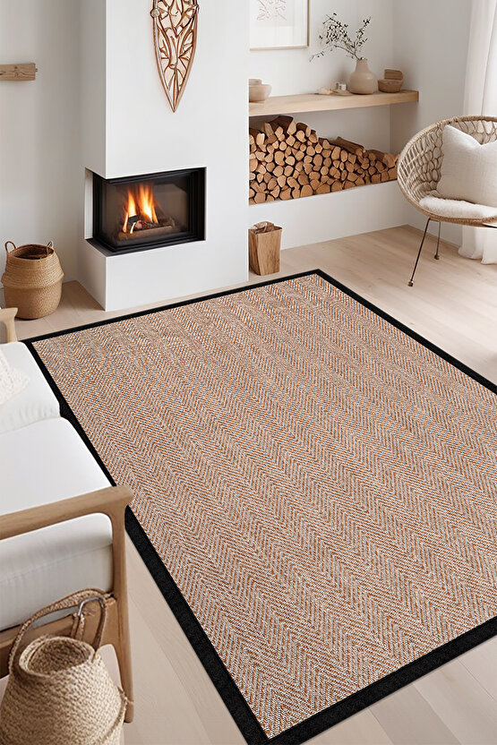 0408-Siyah Kumaş Bordür Sisal Halı Kilim Hav Toz Vermez Kolay Temizlenen Hasır Kilim