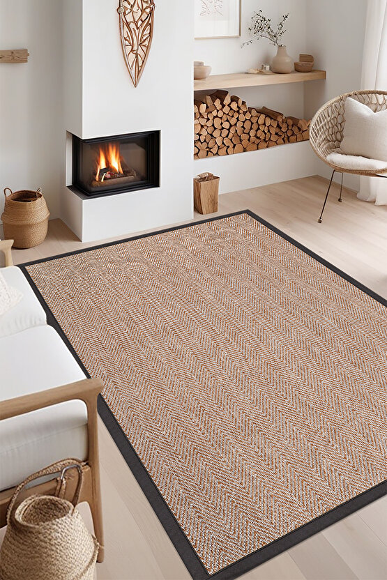 0408-Antrasit Kumaş Bordür Sisal Halı Kilim Hav Toz Vermez Kolay Temizlenen Hasır Kilim