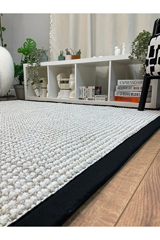Kumaş Bordür Bej Bukle Siyah Bordür  Halı Salon Koridor Mutfak Çocuk Odası Halısı  Kilim S263