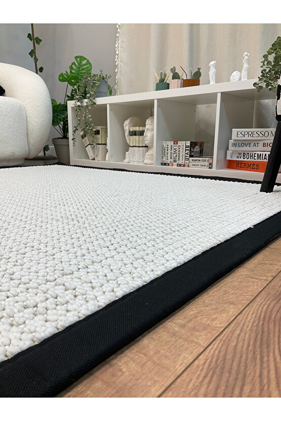 Kumaş Bordür Beyaz Bukle Siyah Bordür  Halı Salon Koridor Mutfak Çocuk Odası Halısı  Kilim S256