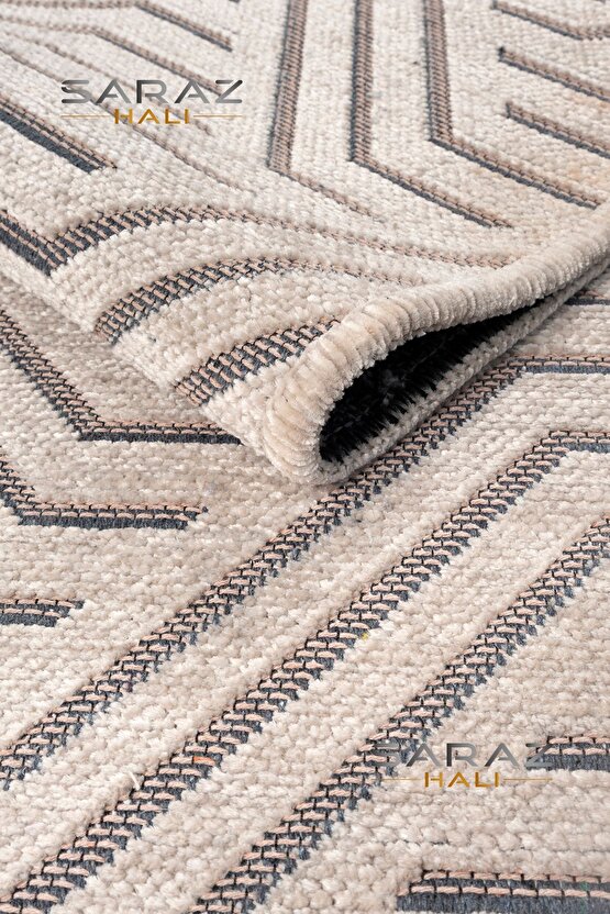 Ada Kilim Modern Salon Mutfak Koridor Kesme Yolluk Dokuma Makine Halısı zigzag krem