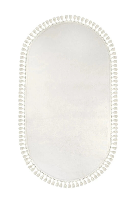 Puffy Gri Oval Örgü Saçaklı Peluş Yumuşacık Yıkanabilir Kaymaz Taban Halı Salon Oturma Odası