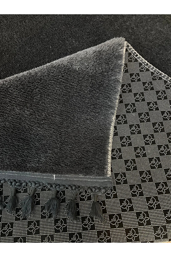 Puffy Gri Oval Örgü Saçaklı Peluş Yumuşacık Yıkanabilir Kaymaz Taban Halı Salon Oturma Odası