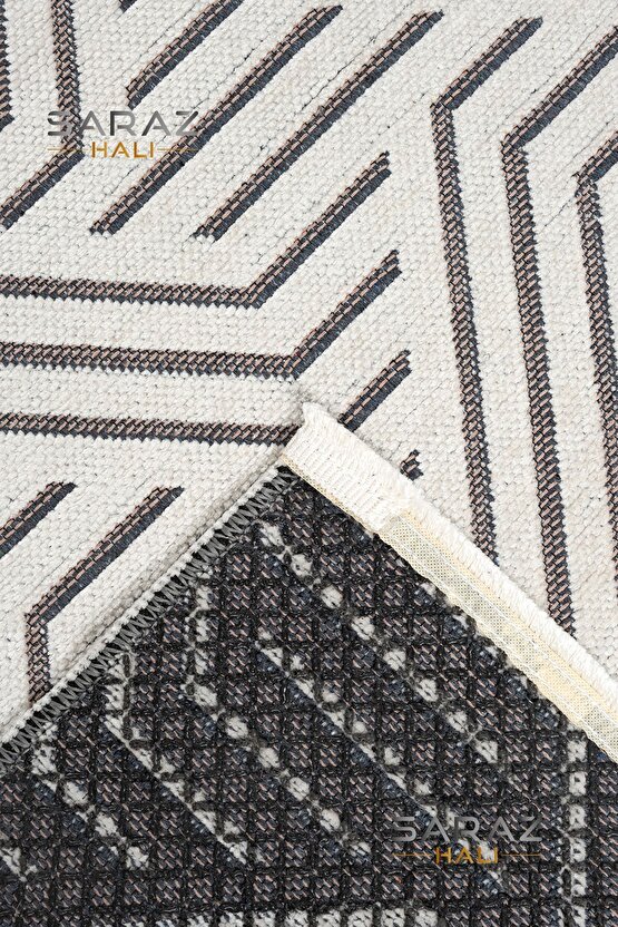 Ada Kilim Modern Salon Mutfak Koridor Kesme Yolluk Dokuma Makine Halısı zigzag krem