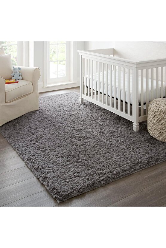 Gri Yıkanabilir Yolluk Kaymaz Taban Uzun Tüylü Yumuşak Halı Kaymaz Tüylenmez