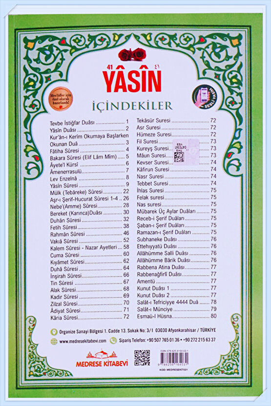 Yasin Kitabı Cüzü Orta Boy 5Li Yeşil 80 Sayfa Telefonda Sesli Dinleme Doğum Cenaze Mevlüt Hediyeliği