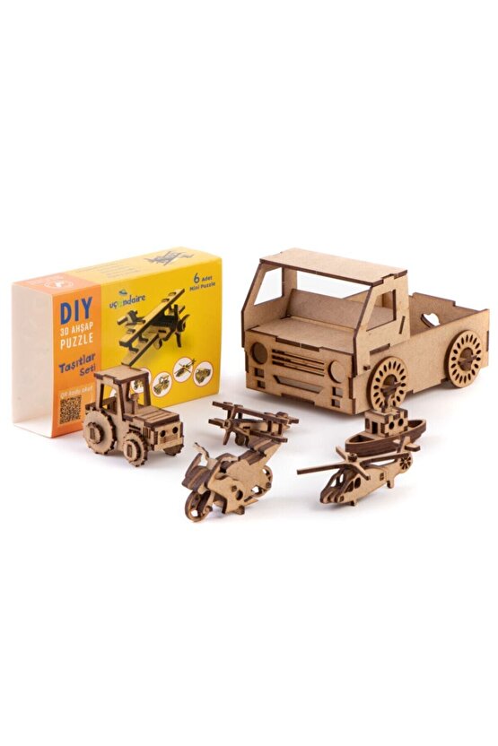 - Ahşap Taşıtlar Seti  Doğal Ve Eğitici Kendin Yap Maket Oyuncak Taşıtlar Seti