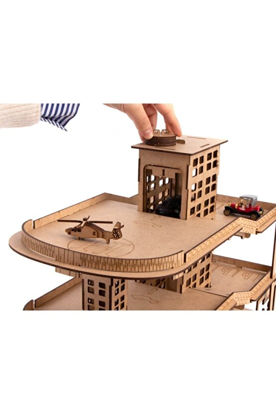 Doğal Ahşap Boyanabilir Asansörlü 3 Katlı Araç Otoparkı 66 Parça Ahşap Yapboz Hobi Oyuncak
