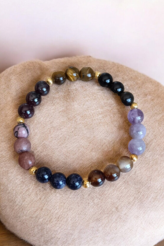 Akrep Burcu Bilekliği (Kaplan Gözü Taşı, Sitrin Taşı, Rodonit, Yıldız, Lal Taşı, Obsidyen, Akik Taş)